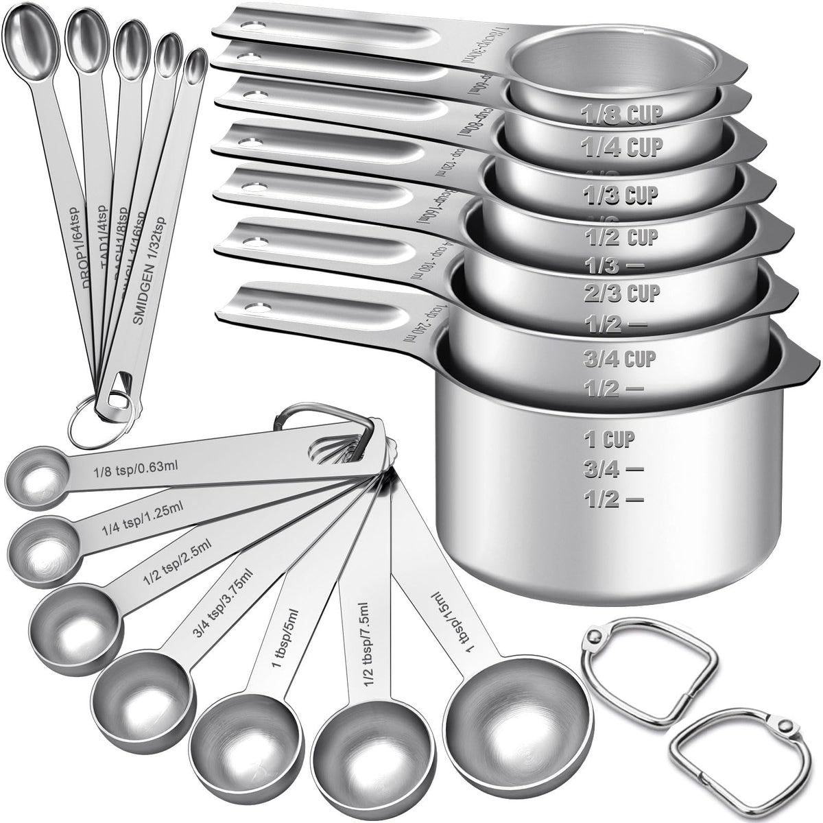 EWFEN Measuring Cups and Spoons Set, 7 Stainless Steel Nesting Measuring Cups & 7 Spoons, 5 Mini Measuring Spoons &1 Leveler, Kitchen Gadgets for Cooking & Baking, Square