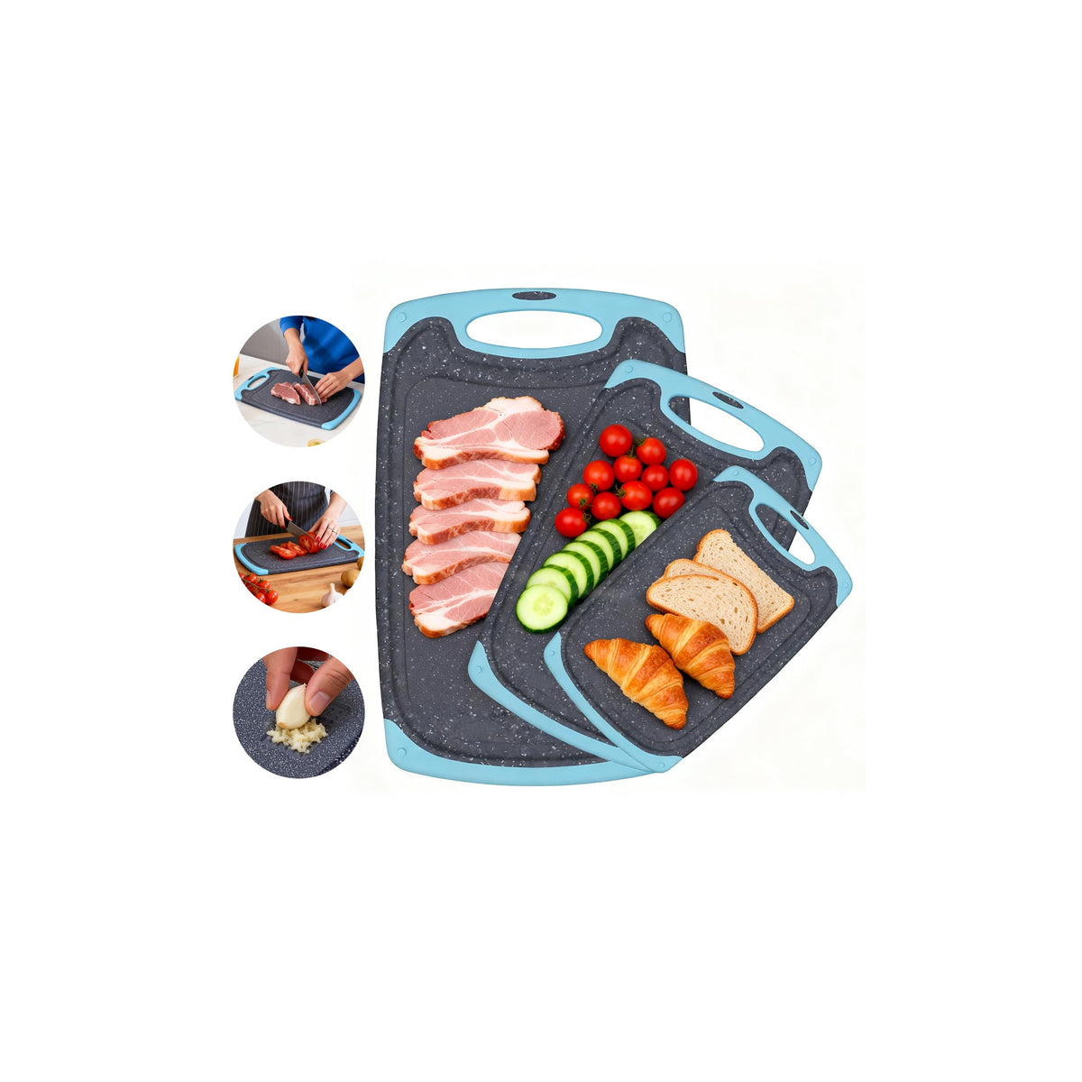 Viretang Non Slip Cutting Board Set For Kitchen, 3 Pieces, Dishwasher Safe