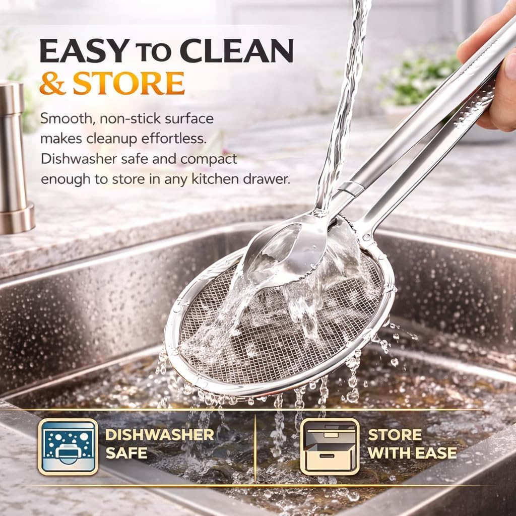 Spider Strainer Tongs 2-in-1 Frying Strainer with Clip Tongs, Stainless Steel Oil Skimmer for Fried Foods, Deep Fry Draining Tool