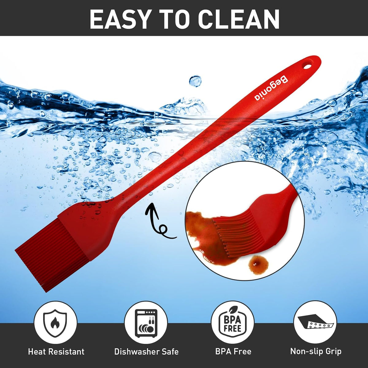 Begonia Silicone Basting Pastry Brush,2pcs 10+8 inch BBQ Sauce Brush,Red