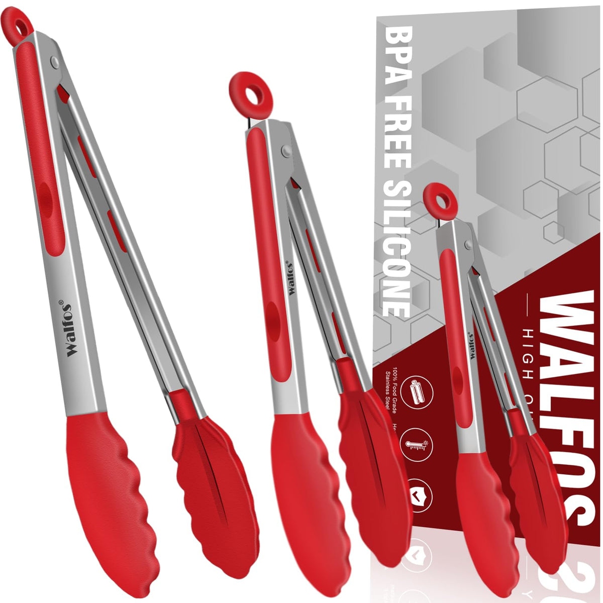 Walfos Silicone Tongs for Cooking - Heat Resistant kitchen tongs for Salad,Cooking, Grilling,Stainless Steel and BPA Free Silicone Tips set of 3 (7" 9" and 12 inch)
