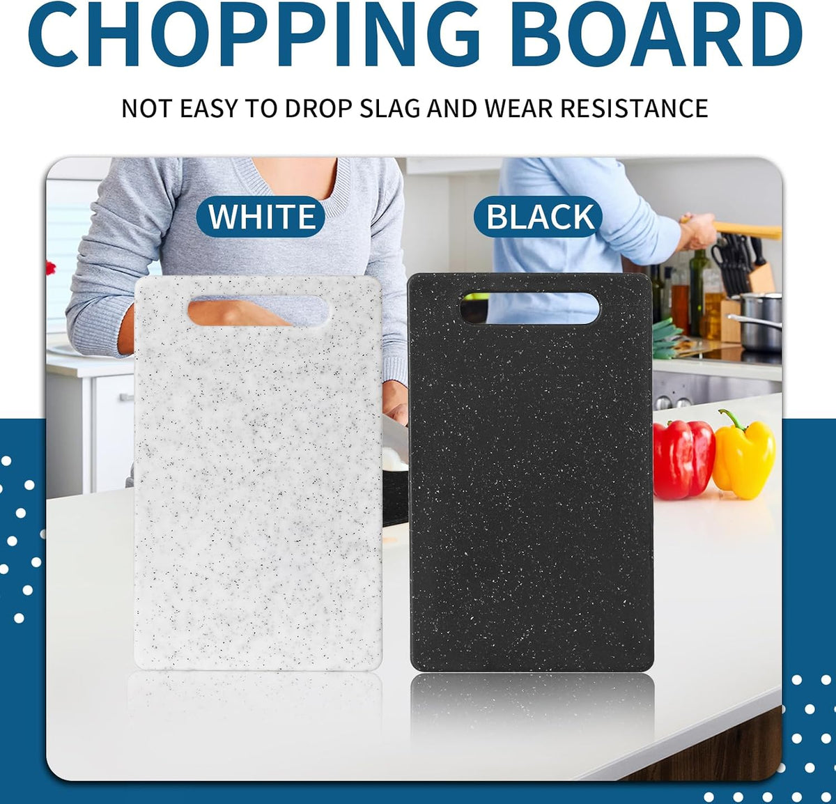 2 Pcs mini plastic cutting boards for the kitchen, in granite color, are suitable for food preparation, fruit and vegetable cutting.They feature an easy-to-hold design （6" x 10"，White+Black)