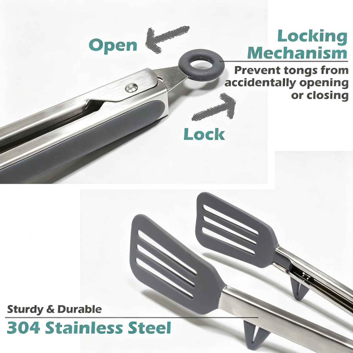 12" Kitchen Tongs for cooking with Silicone Tips, 3Pcs Serving Tongs, Grey