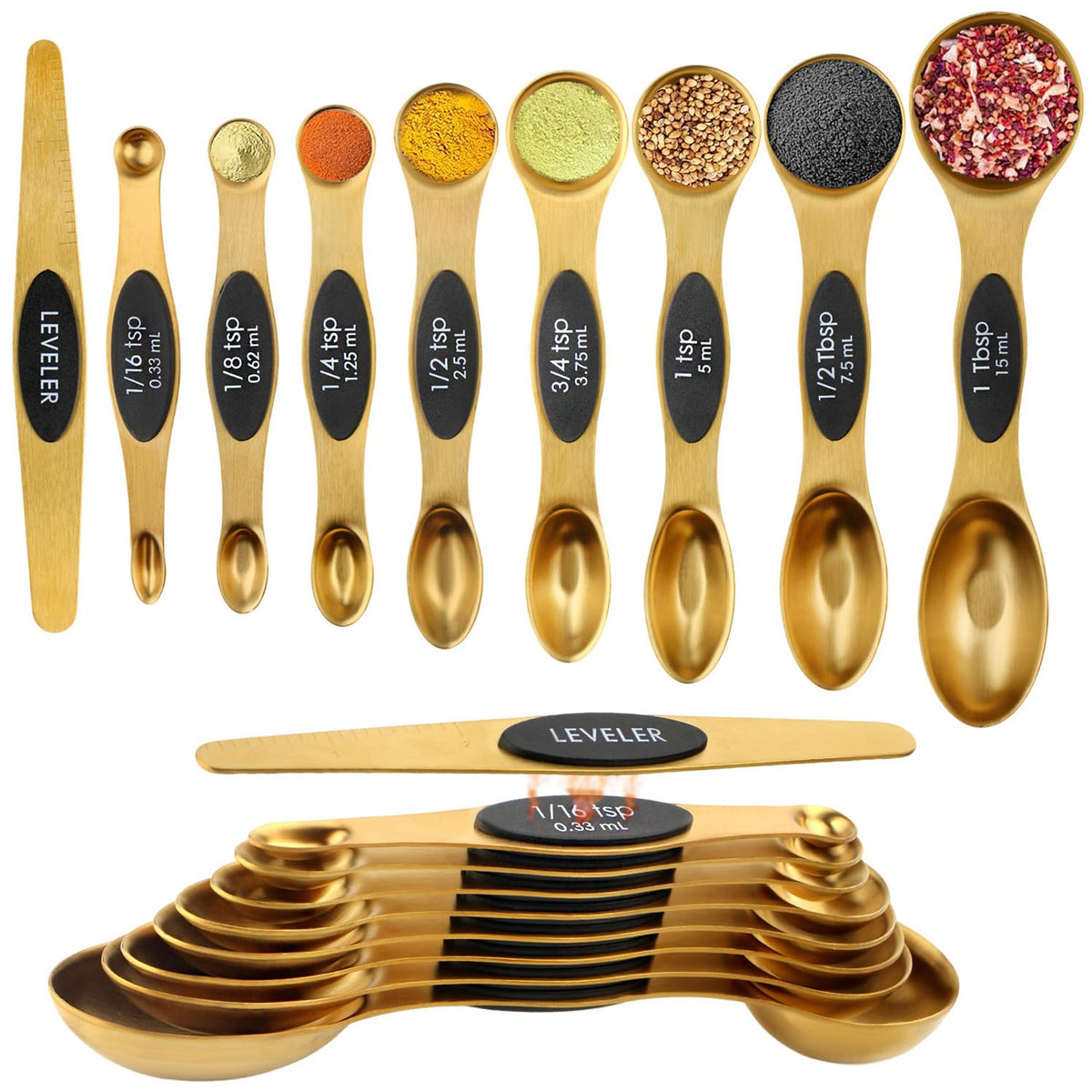 Magnetic Measuring Spoons Set of 9 with Leveler, Color-Coded Dual Sided Stainless Steel Measuring Spoon Set, Stackable Teaspoon and Tablespoon Set for Baking, Cooking, Kitchen Gadgets Dishwasher Safe