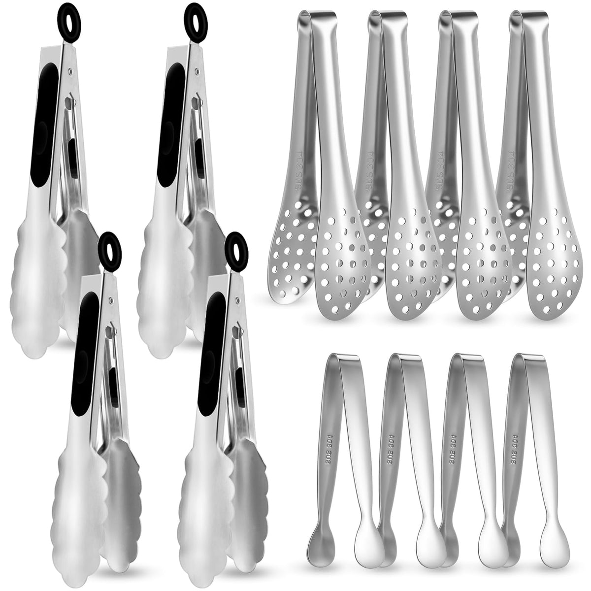 Chengu 12 Pack Stainless Steel Kitchen Tongs, 7/9/12 Inches