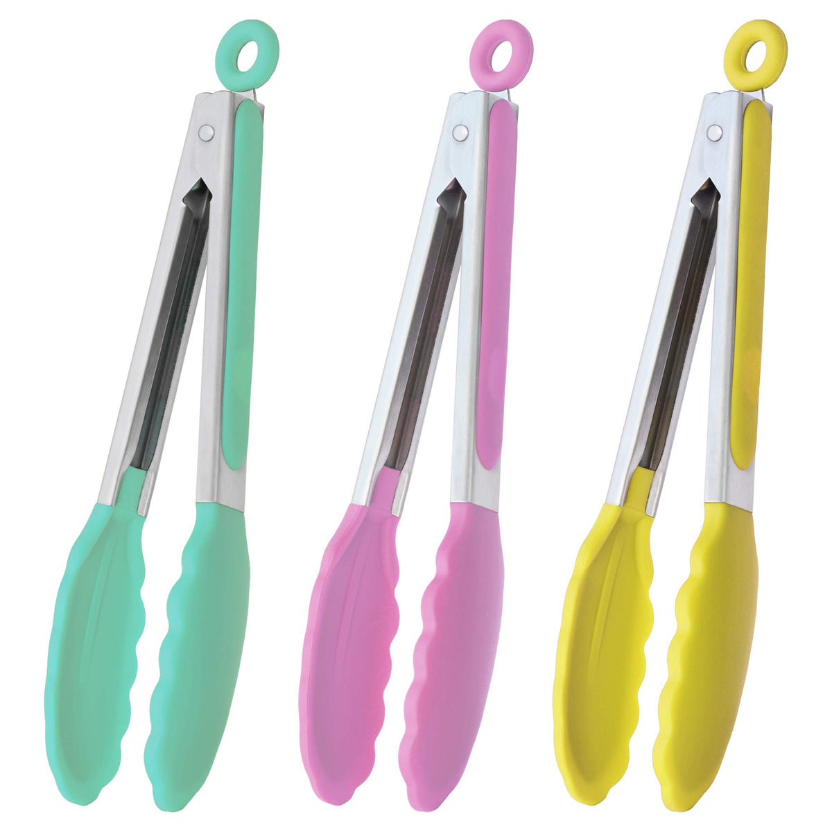 HINMAY Serving Tongs 9" Cooking Tongs with Silicone Tips, Set of 3 (Black)
