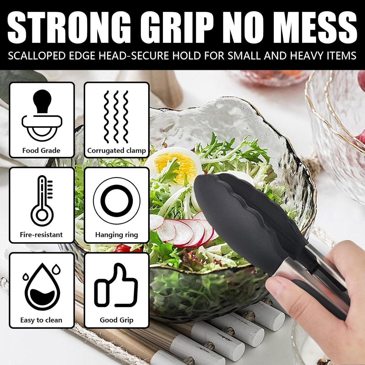 Kitchen Tongs with Silicone Tips, Stainless Steel Cooking Tongs Set of 3