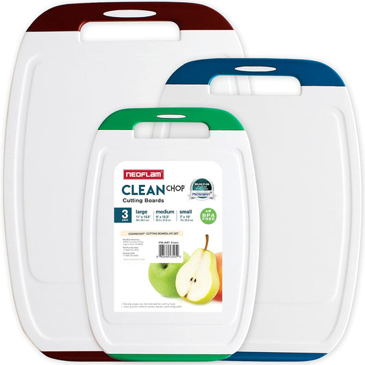 Neoflam Microban Antimicrobial Plastic Cutting Board 3 Sets, BPA Free, Non-Slip EZ Grip Handle, Dishwasher Safe, Stain & Odor Free, Reversible Board, Larger Juice Groove, Multicolor