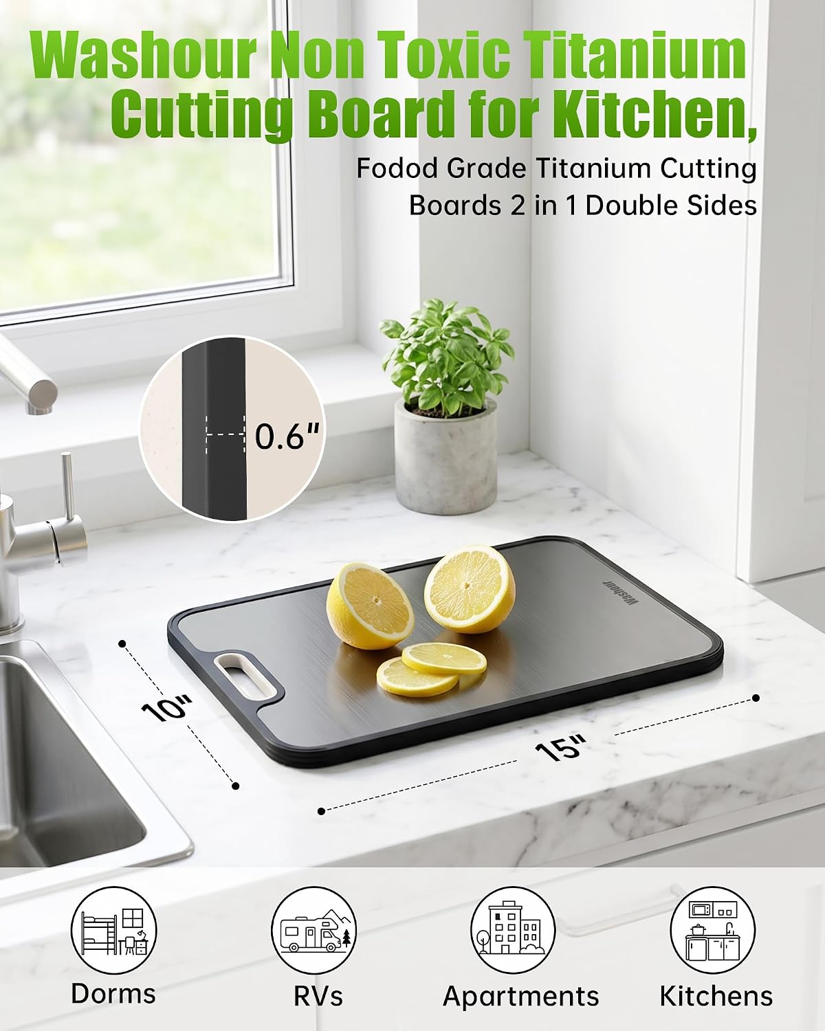 Non Toxic Titanium Cutting Board for Kitchen, Food Grade Titanium Cutting Boards 2 in 1 Double Sides, Non Slip Cutting Mat 15" x 10"