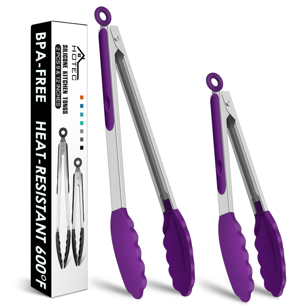 HOTEC Stainless Steel Kitchen Tongs with Silicone Tips, Set of 2-9" and 12"