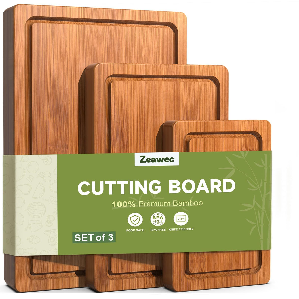 3-Piece Set Deep-Carbonized Bamboo Cutting Board for Kitchen, Natural