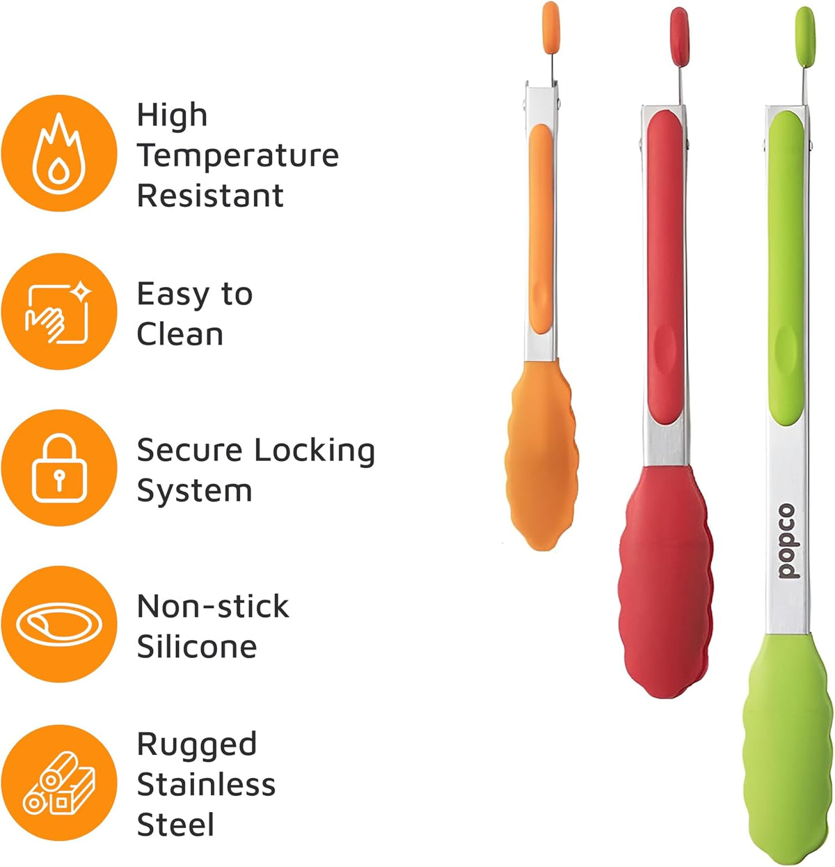 Popco 3 Piece Kitchen Tongs Set 7, 9, 12 Inch - Stainless Steel Nonstick Tongs with Silicone Tips - Heat Resistant and Dishwasher Safe for Cooking, Grilling, Salad, and Everyday Serving