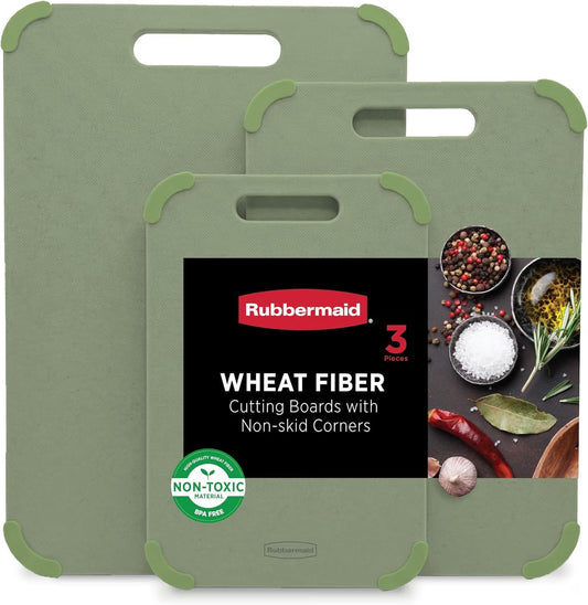 Rubbermaid 3pc Reversible Wheat Fiber Cutting Board Set | BPA Free Non Toxic Cutting Boards for Kitchen – Dishwasher Safe, Non-Slip Corners & Lightweight | For Meat, Veggies & Fruits