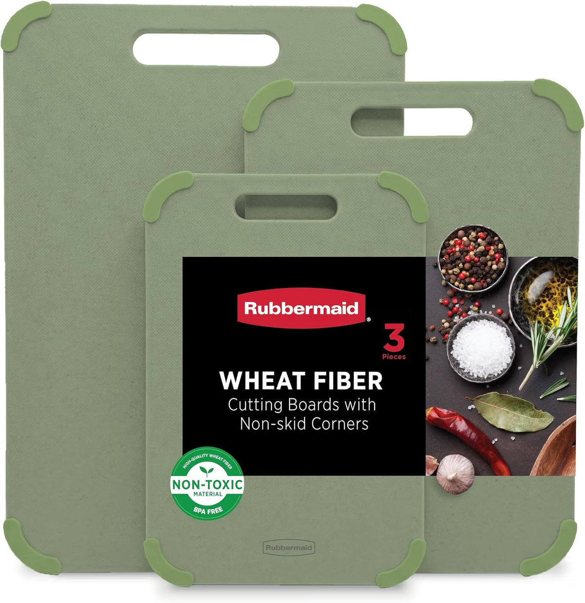Rubbermaid 3pc Reversible Wheat Fiber Cutting Board Set | BPA Free Non Toxic Cutting Boards for Kitchen – Dishwasher Safe, Non-Slip Corners & Lightweight | For Meat, Veggies & Fruits