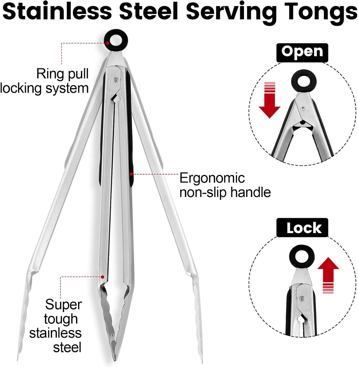 Chengu 12 Pack Stainless Steel Kitchen Tongs, 7/9/12 Inches
