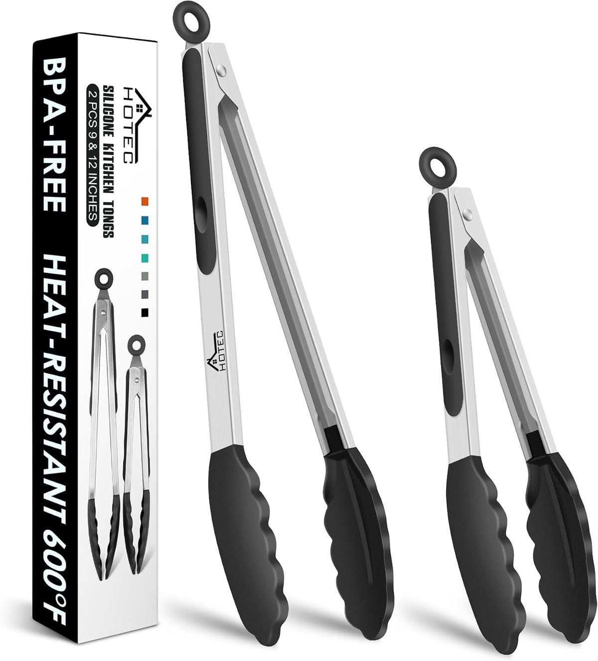 HOTEC Stainless Steel Kitchen Tongs with Silicone Tips, Set of 2-9" and 12"