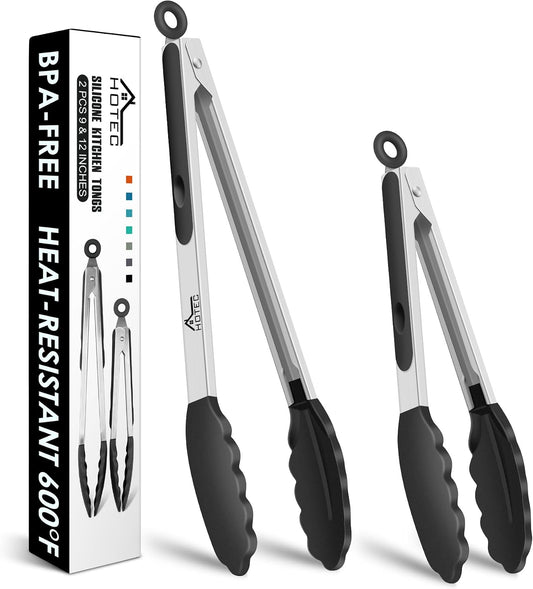 HOTEC Stainless Steel Kitchen Tongs with Silicone Tips, Set of 2-9" and 12"