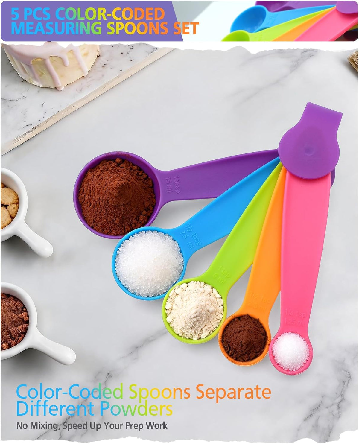 Measuring Spoons Set of 5, Fade-Proof Markings, Color Coded Plastic