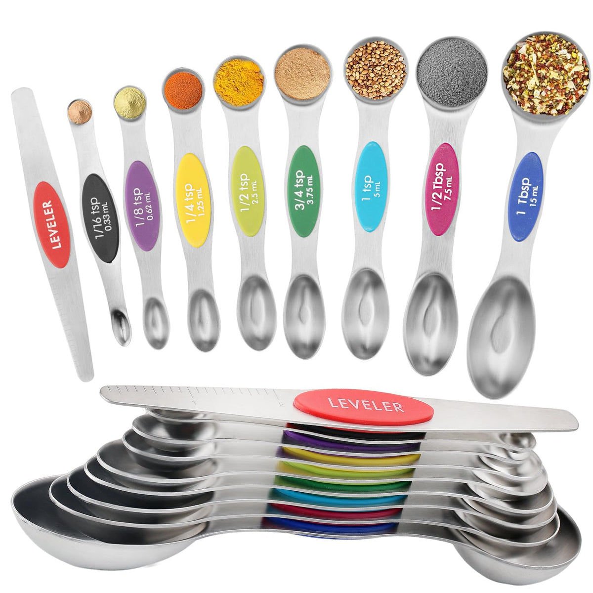 Magnetic Measuring Spoons Set Stainless Steel with Leveler, Dual-Sided Metal Measuring Spoons for Baking & Cooking, Fits in Spice Jars, Must-have Kitchen Gadgets, 8 Measuring Spoons & 1 Leveler, Black