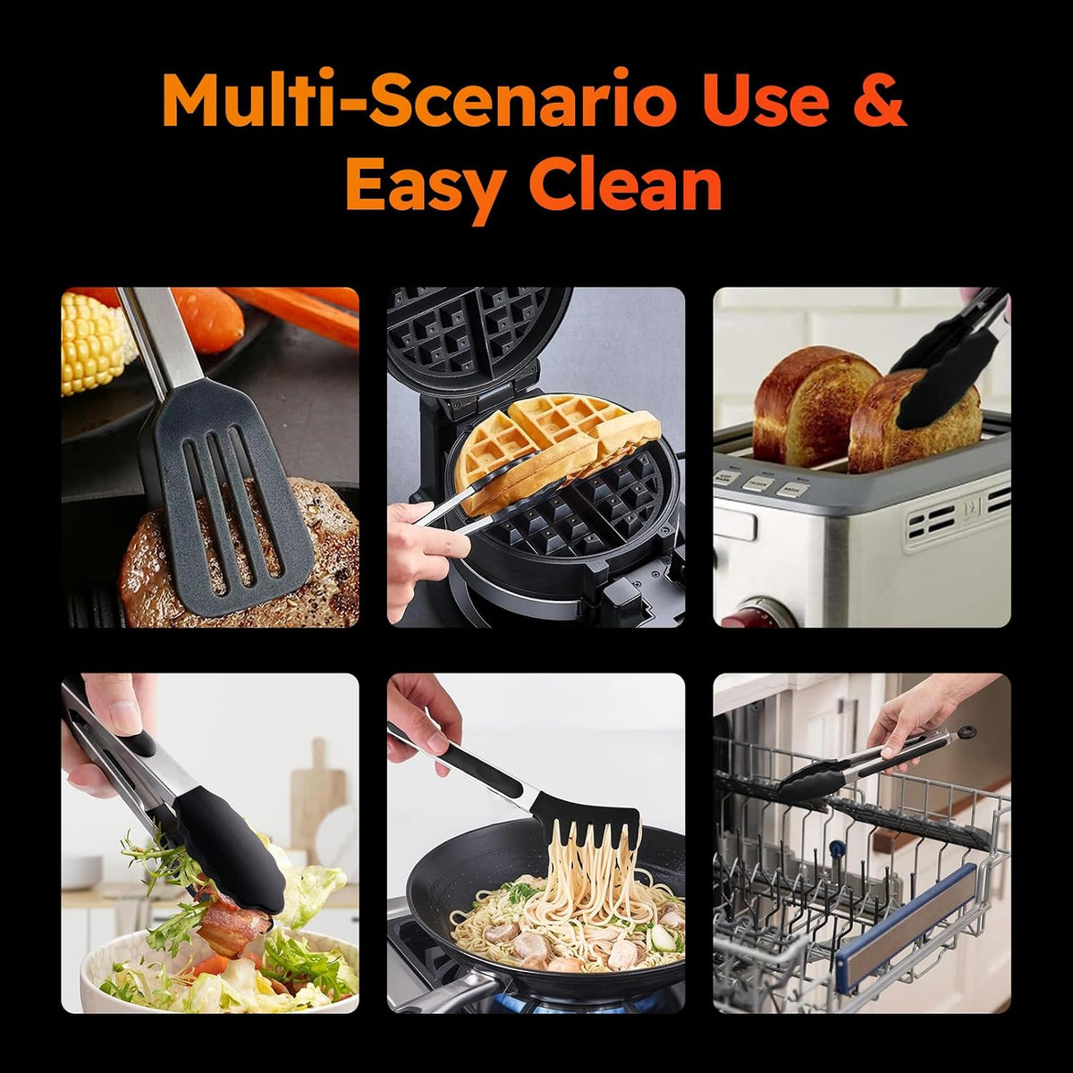 HST Tongs for Cooking with Silicone Tips 3 Pack, Kitchen Tongs (9", Black)