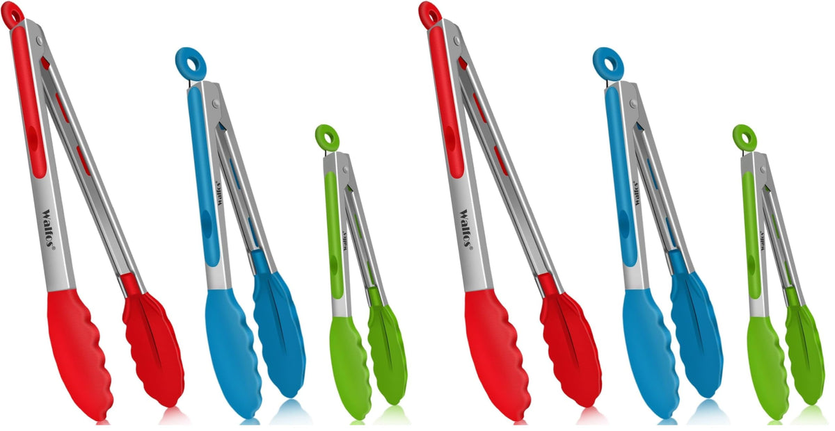 Walfos Silicone Tongs for Cooking - Heat Resistant kitchen tongs for Salad,Cooking, Grilling,Stainless Steel and BPA Free Silicone Tips set of 3 (7" 9" and 12 inch)