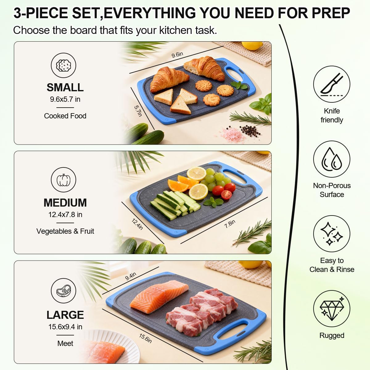 Viretang Non Slip Cutting Board Set For Kitchen, 3 Pieces, Dishwasher Safe