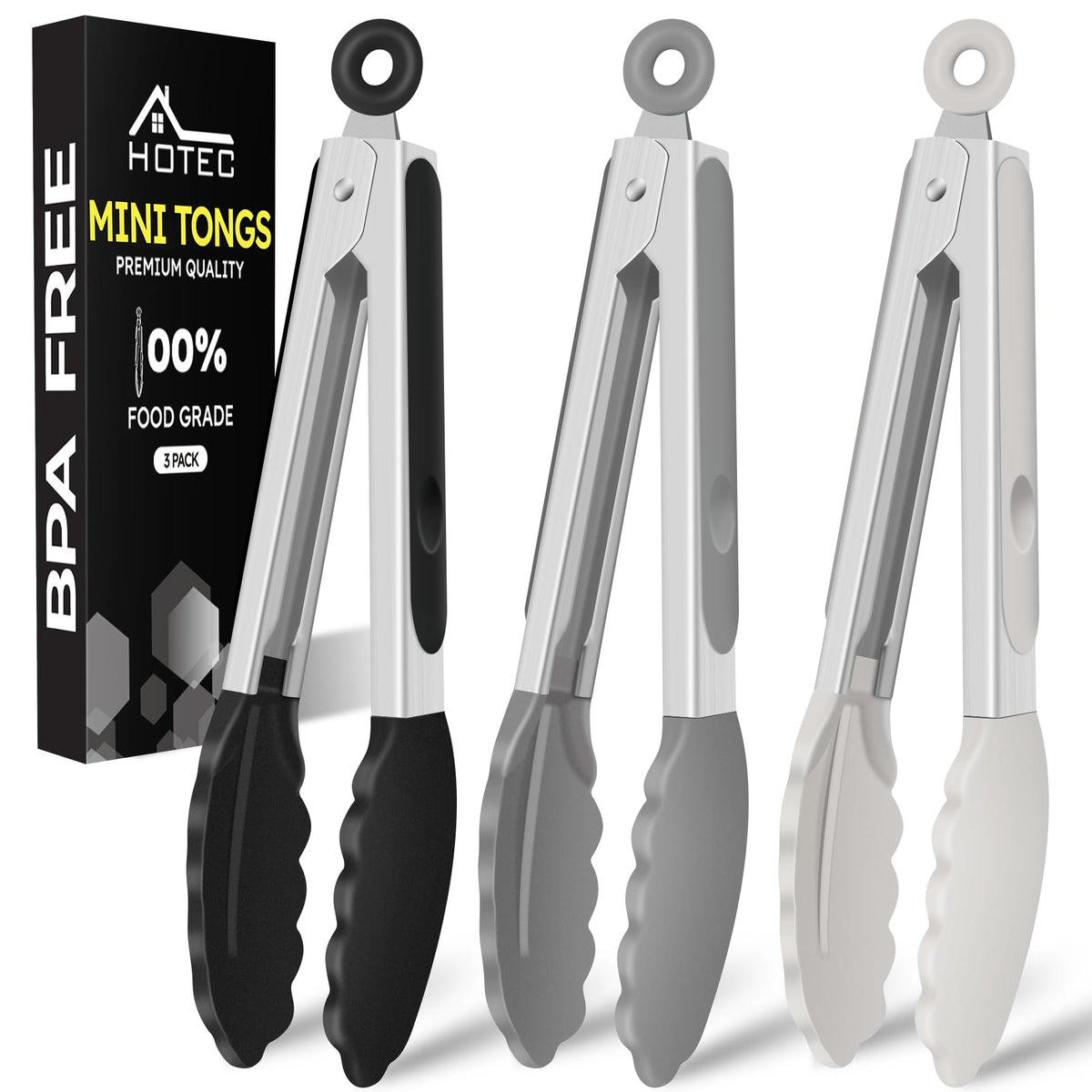 HOTEC Small Silicone Kitchen Tongs 7-Inch Mini Serving Tongs, Set of 3