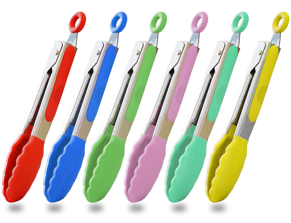 HINMAY Small Serving Tongs with Silicone Tips 7-Inch Mini Tongs, Set of 3 (Pink)