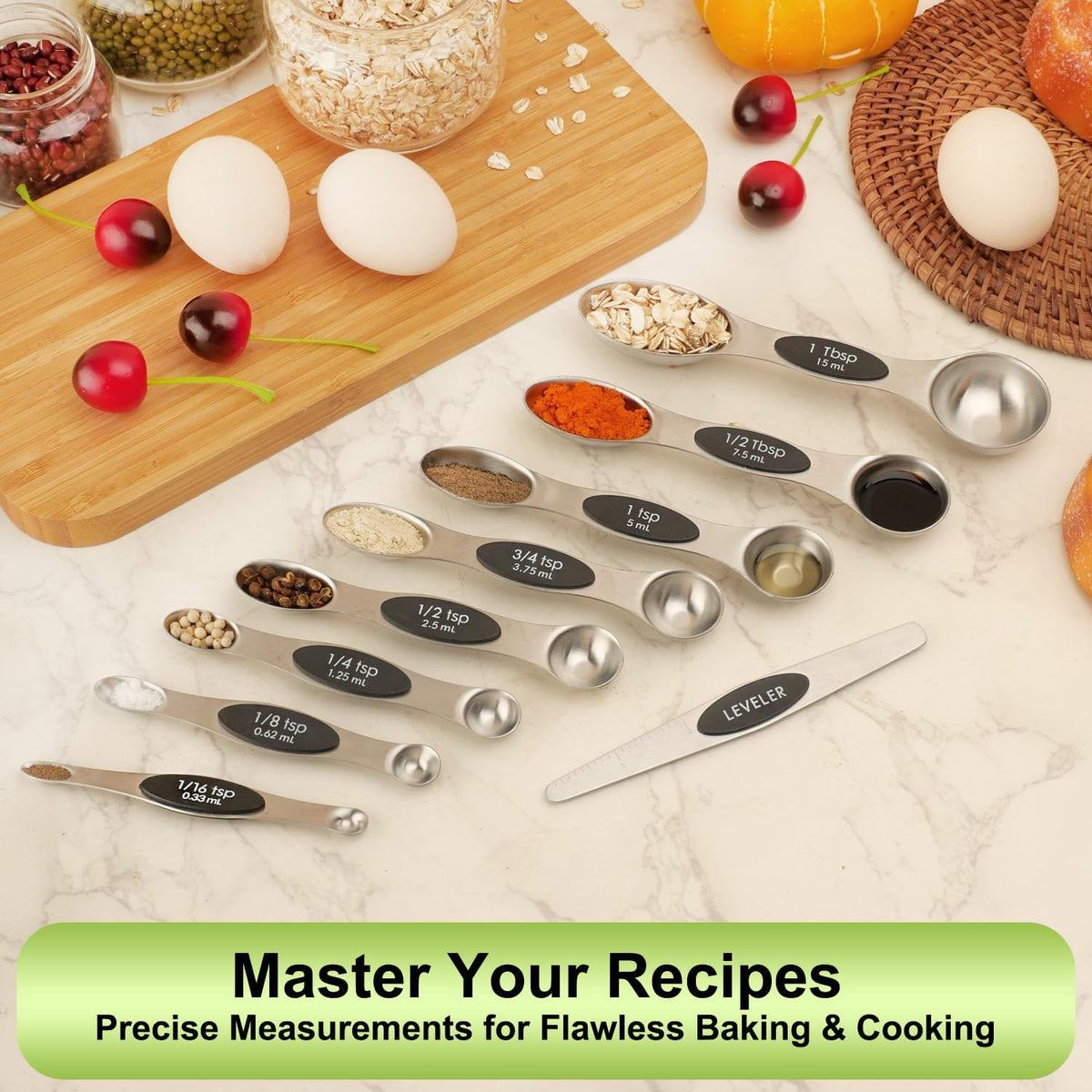Magnetic Measuring Spoons Set Stainless Steel with Leveler, Dual-Sided Metal Measuring Spoons for Baking & Cooking, Fits in Spice Jars, Must-have Kitchen Gadgets, 8 Measuring Spoons & 1 Leveler, Black