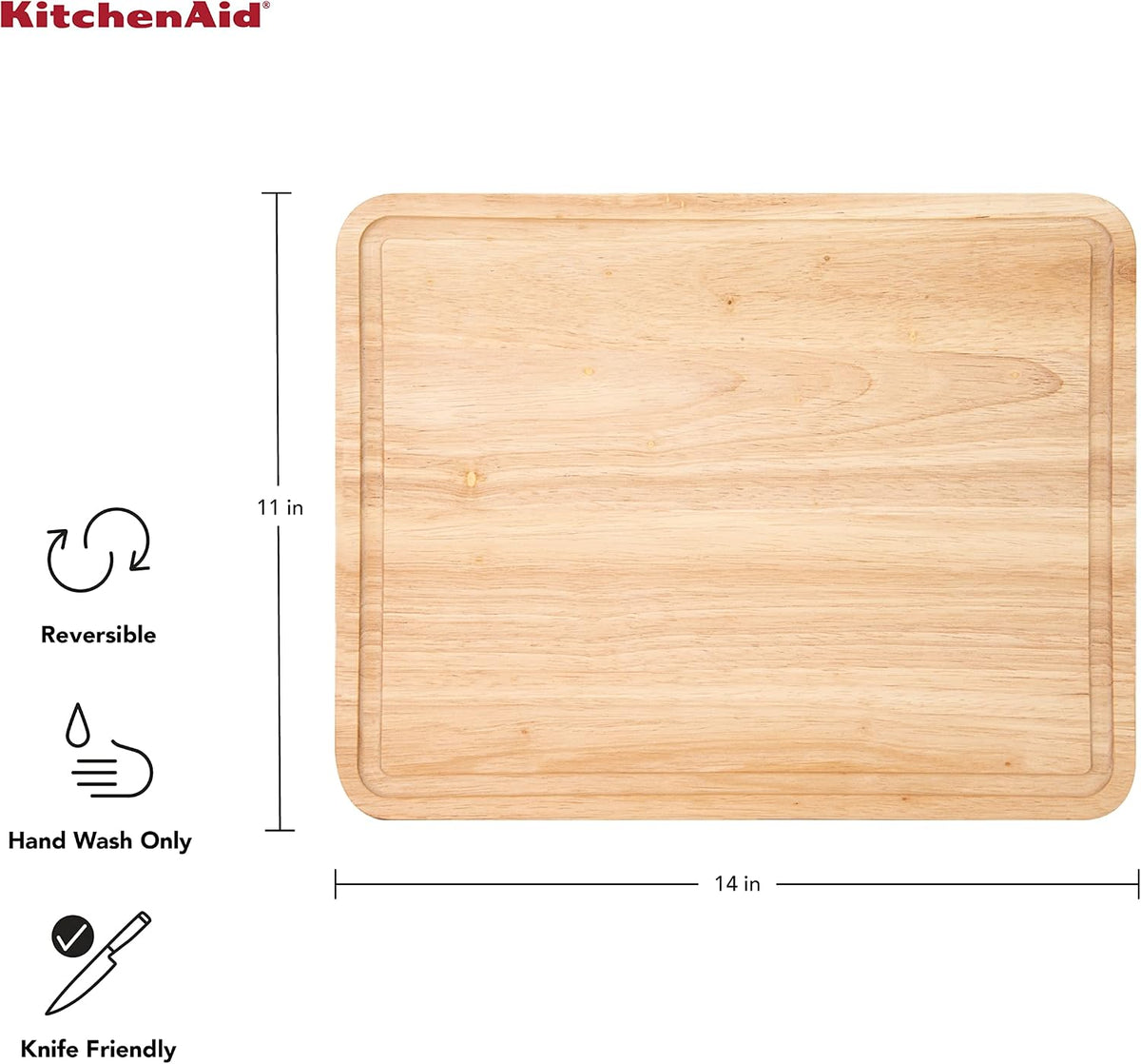 KitchenAid Classic Rubberwood Cutting Board with Perimeter Trench, Reversible Chopping Board, 11-inch x 14-Inch, Natural