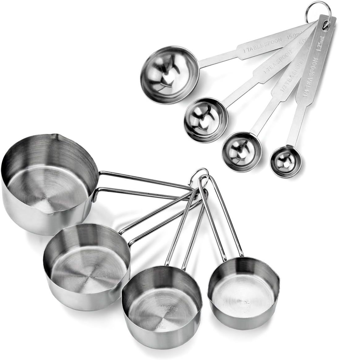 New Star Foodservice 42917 Stainless Steel Measuring Cups and Spoons Set, 8-Piece Metal Measuring Set for Baking, Cooking, Dry and Liquid Ingredients, Restaurant Grade, Silver