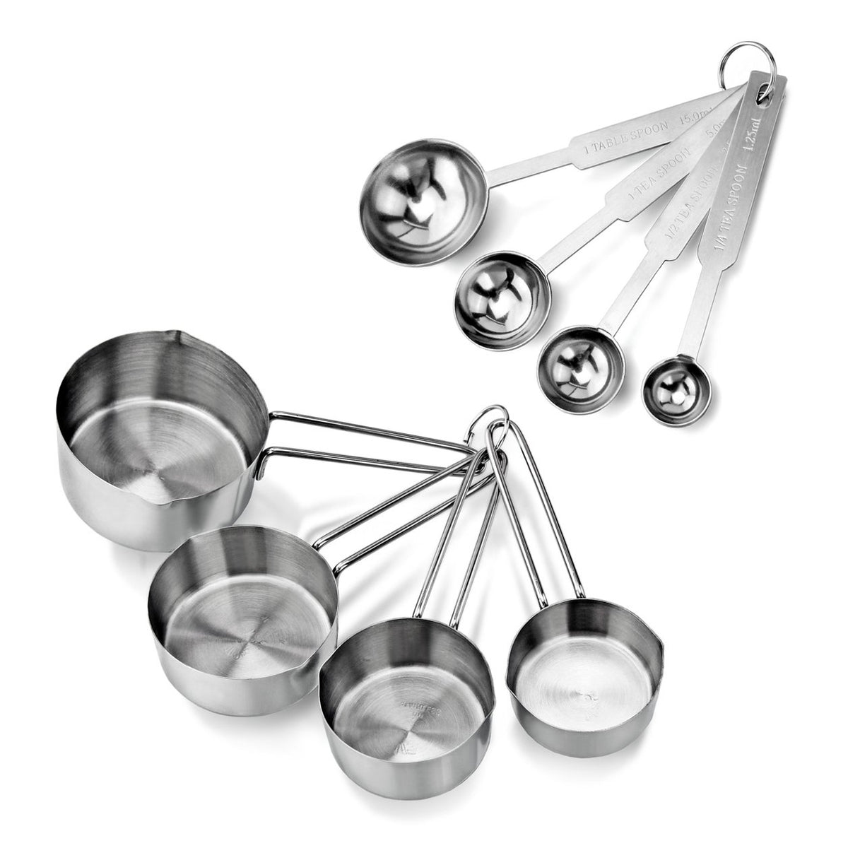 New Star Foodservice 42917 Stainless Steel Measuring Cups and Spoons Set, 8-Piece Metal Measuring Set for Baking, Cooking, Dry and Liquid Ingredients, Restaurant Grade, Silver