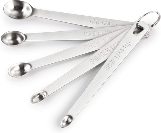 New Star Foodservice 42924 Stainless Steel Mini Measuring Spoons Set, 5-Piece Small Metal Measuring Spoon Set for Spices, Baking, Cooking, Dash, Pinch, Smidgen, Drop, Tad, Silver