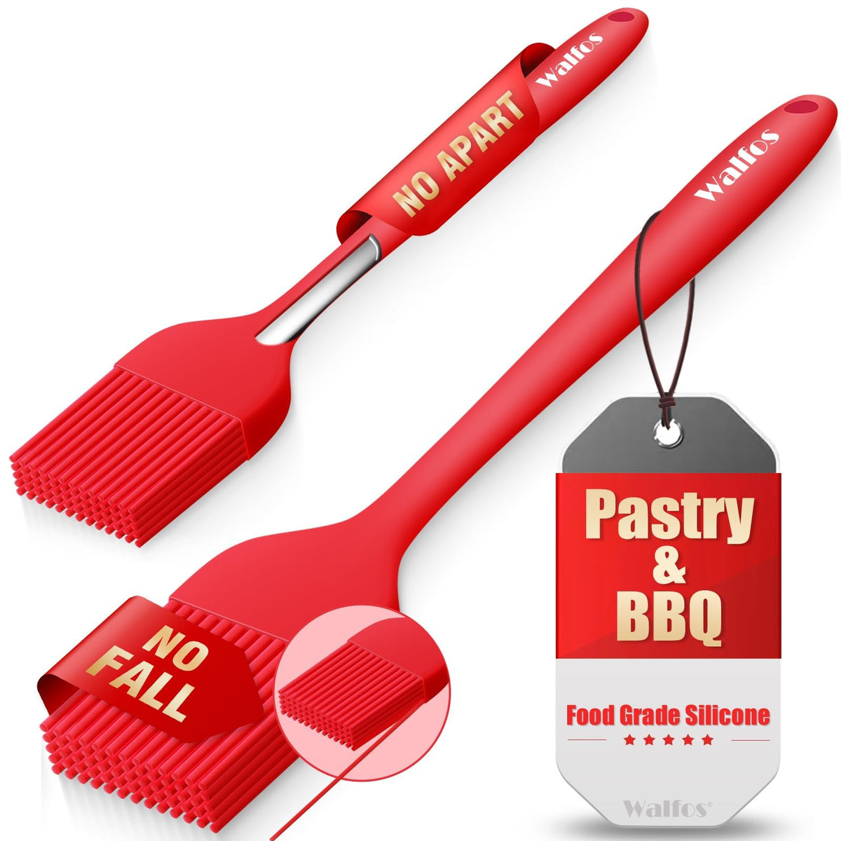 Walfos 600°F Heat Resistant Silicone Basting Brushes BPA Free Pastry Brush, Spread Oil Butter Sauce for BBQ Grill Baking Kitchen Cooking, Dishwasher Safe (2 SIZE)