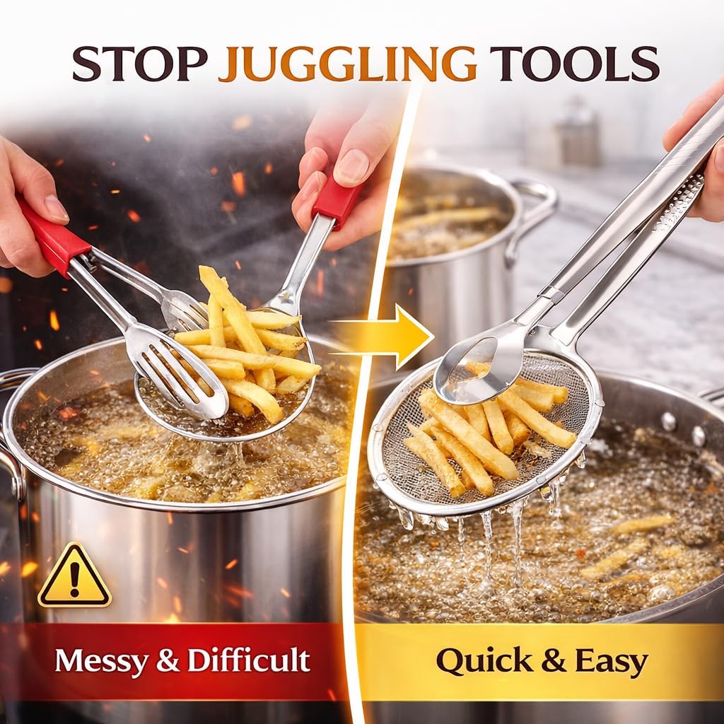 Spider Strainer Tongs 2-in-1 Frying Strainer with Clip Tongs, Stainless Steel Oil Skimmer for Fried Foods, Deep Fry Draining Tool