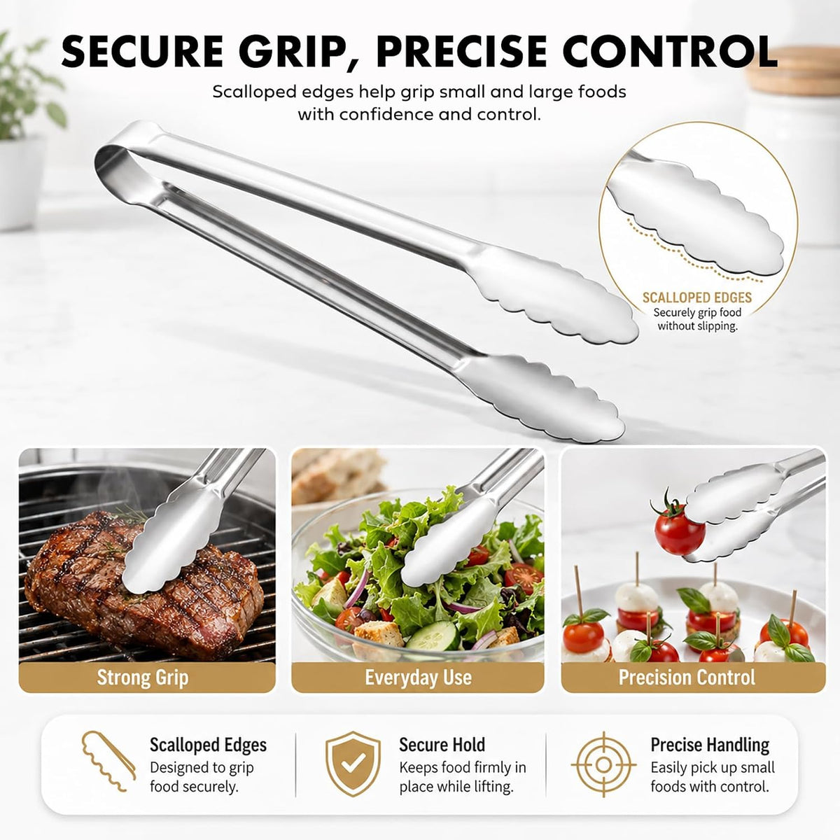 OYV Seamless Tongs for Cooking, One-Piece Design, Durable Heat Resistant Stainless Steel Tongs for Kitchen, Grill, BBQ, Salad, Dishwasher Safe, Metal Tongs Set (12" & 9")