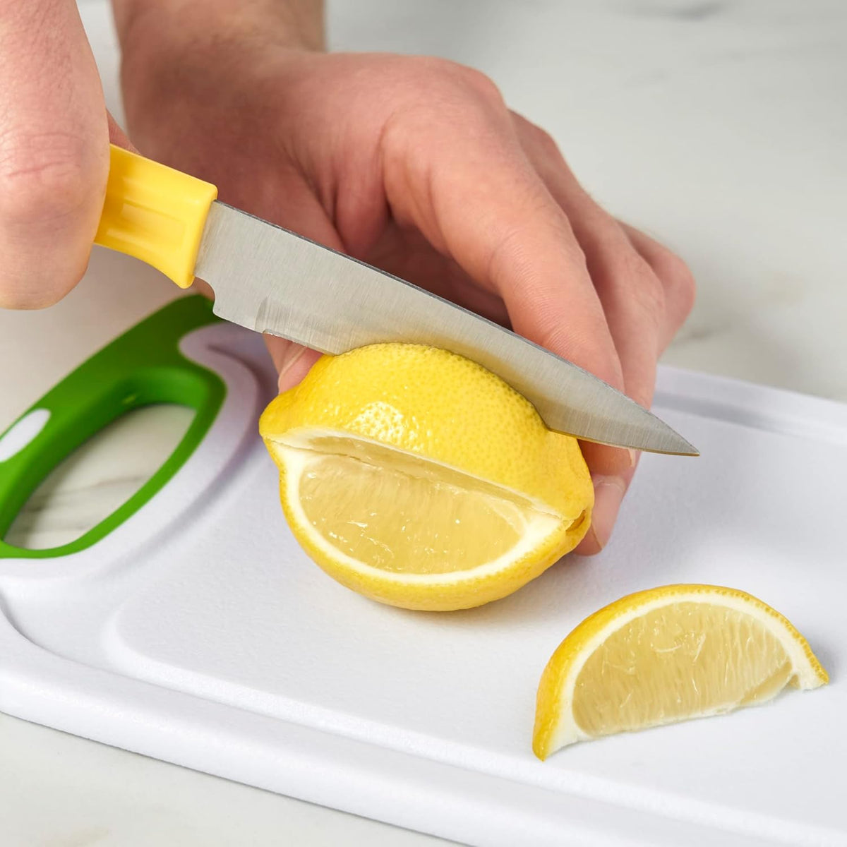 True Small Cutting Board with Stainless Steel Blade Pairing Knife, Non Slip Silicone Grip Plastic Chopping Boards and Knives for Prepping Fruits, Vegetables, Cocktail Ganishes. 2-Piece Set