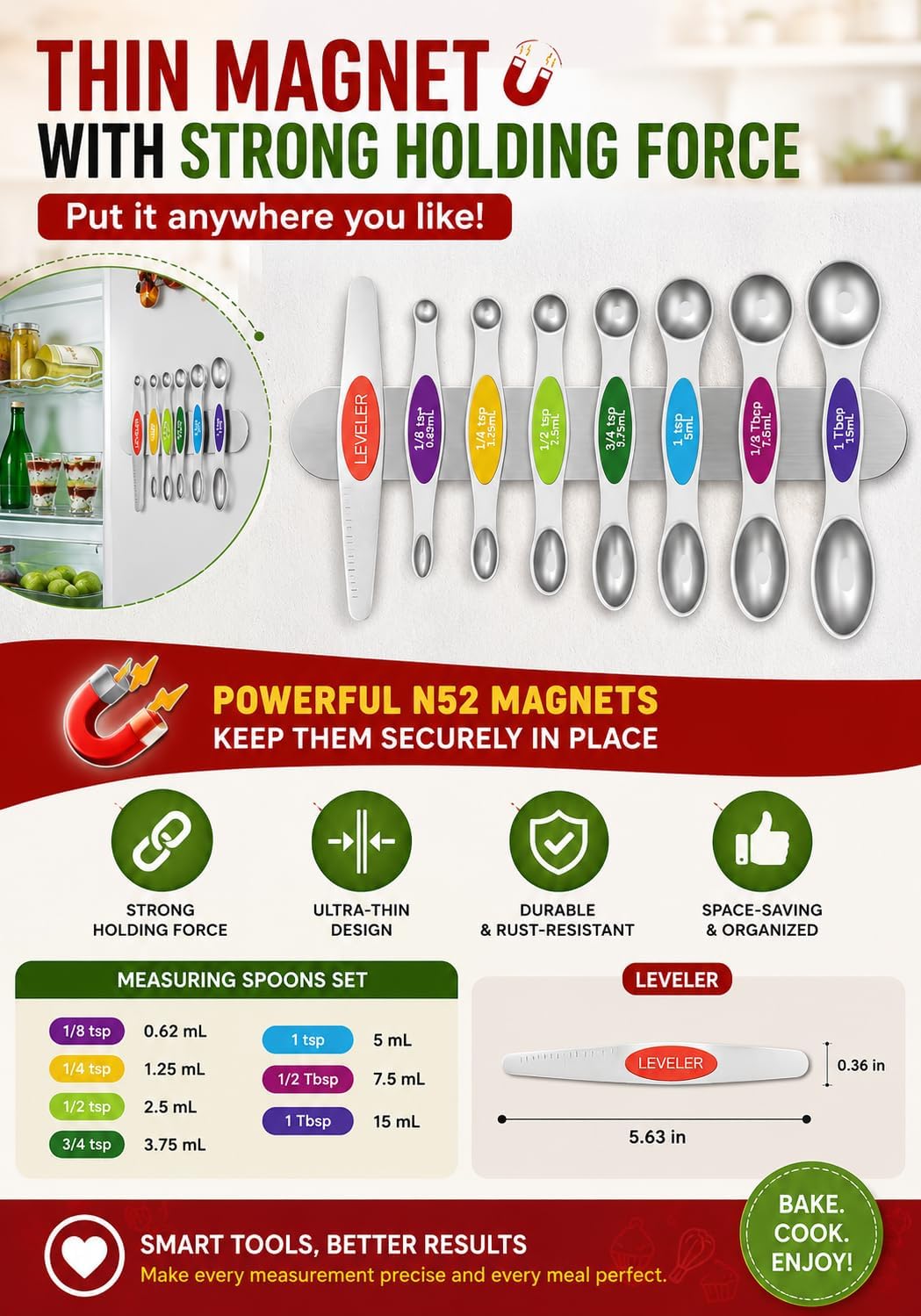 Premium Magnetic Measuring Spoons Set|Strong N52 Magnets|Heavy Duty Stainless Steel|Dual-Sided for Spice Jar & Liquid Measuring|Dishwasher Safe|7 Spoons with Leveler for Baking & Cooking (Colorful)