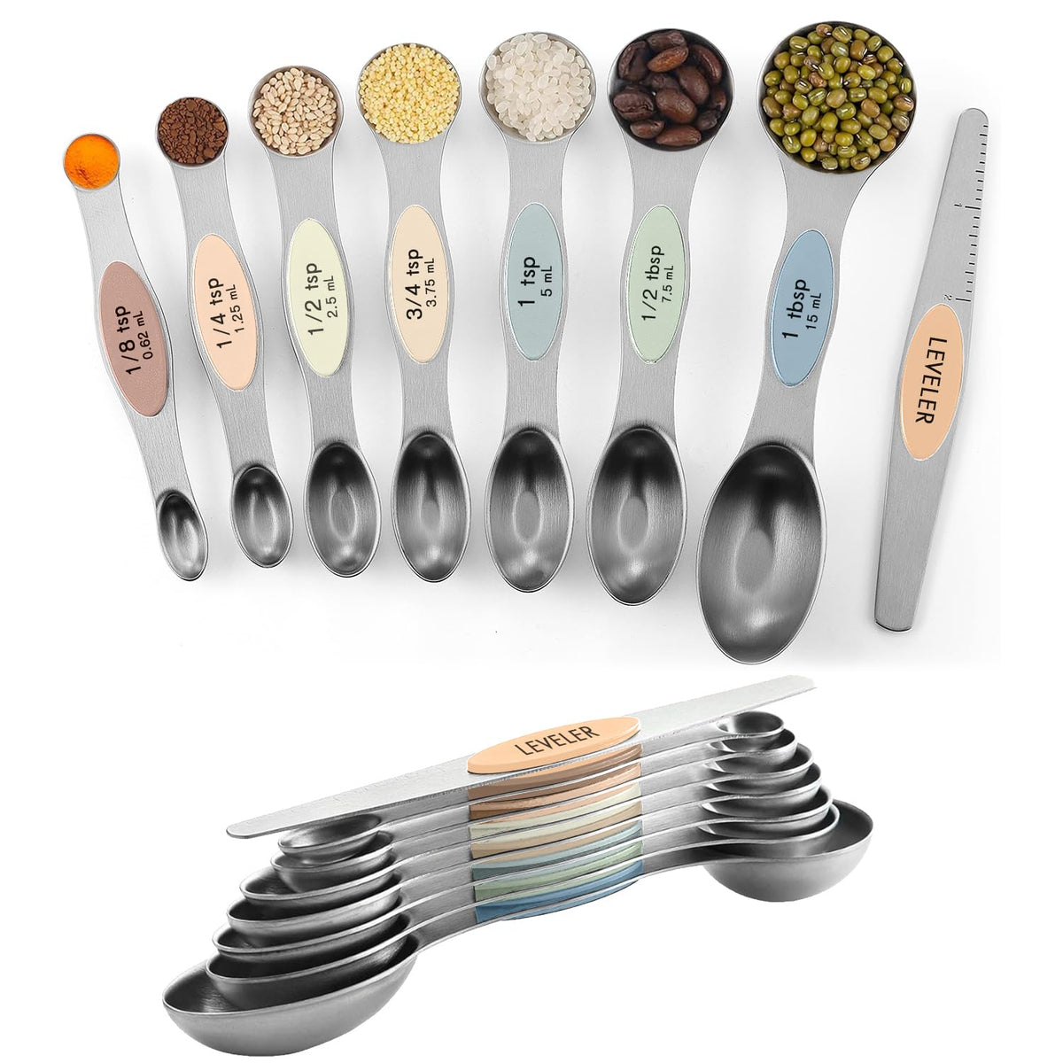 ChefAide Set of 8 Magnetic Measuring Spoons, Stainless Steel, Dual Sided