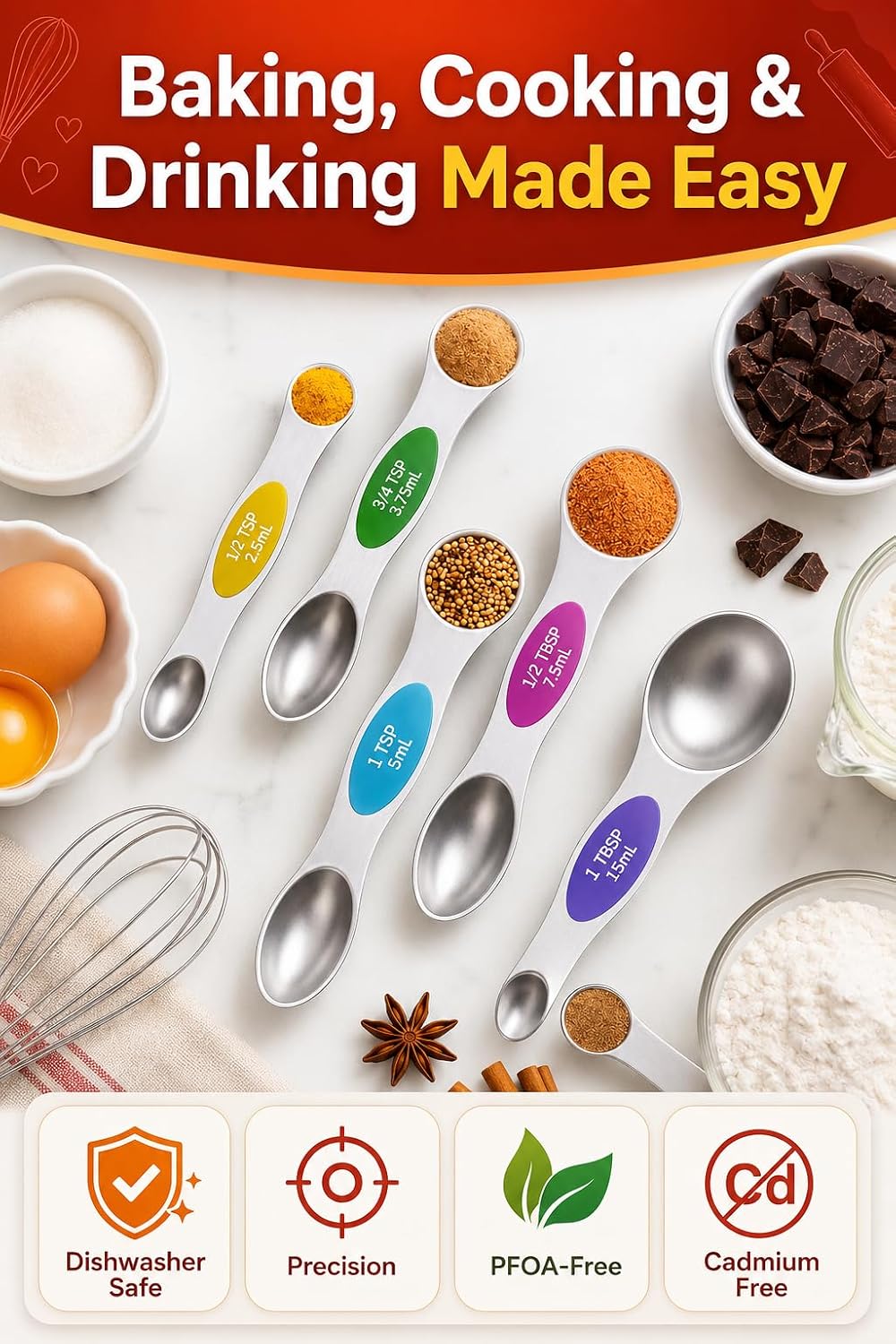 Premium Magnetic Measuring Spoons Set|Strong N52 Magnets|Heavy Duty Stainless Steel|Dual-Sided for Spice Jar & Liquid Measuring|Dishwasher Safe|7 Spoons with Leveler for Baking & Cooking (Colorful)