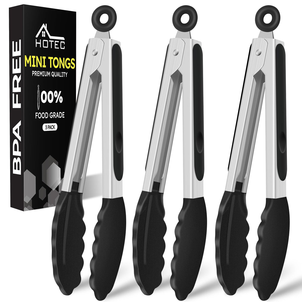 HOTEC Small Silicone Kitchen Tongs 7-Inch Mini Serving Tongs, Set of 3