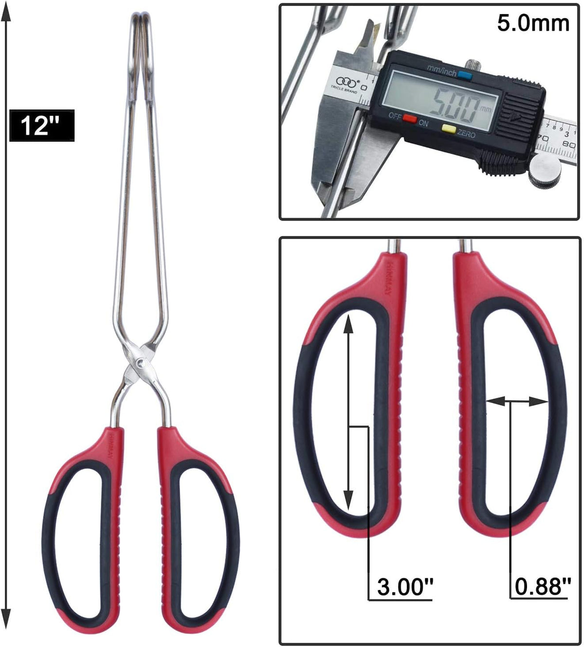 HINMAY Stainless Steel Scissor Tongs with Comfort-Grip Handle 12-Inch