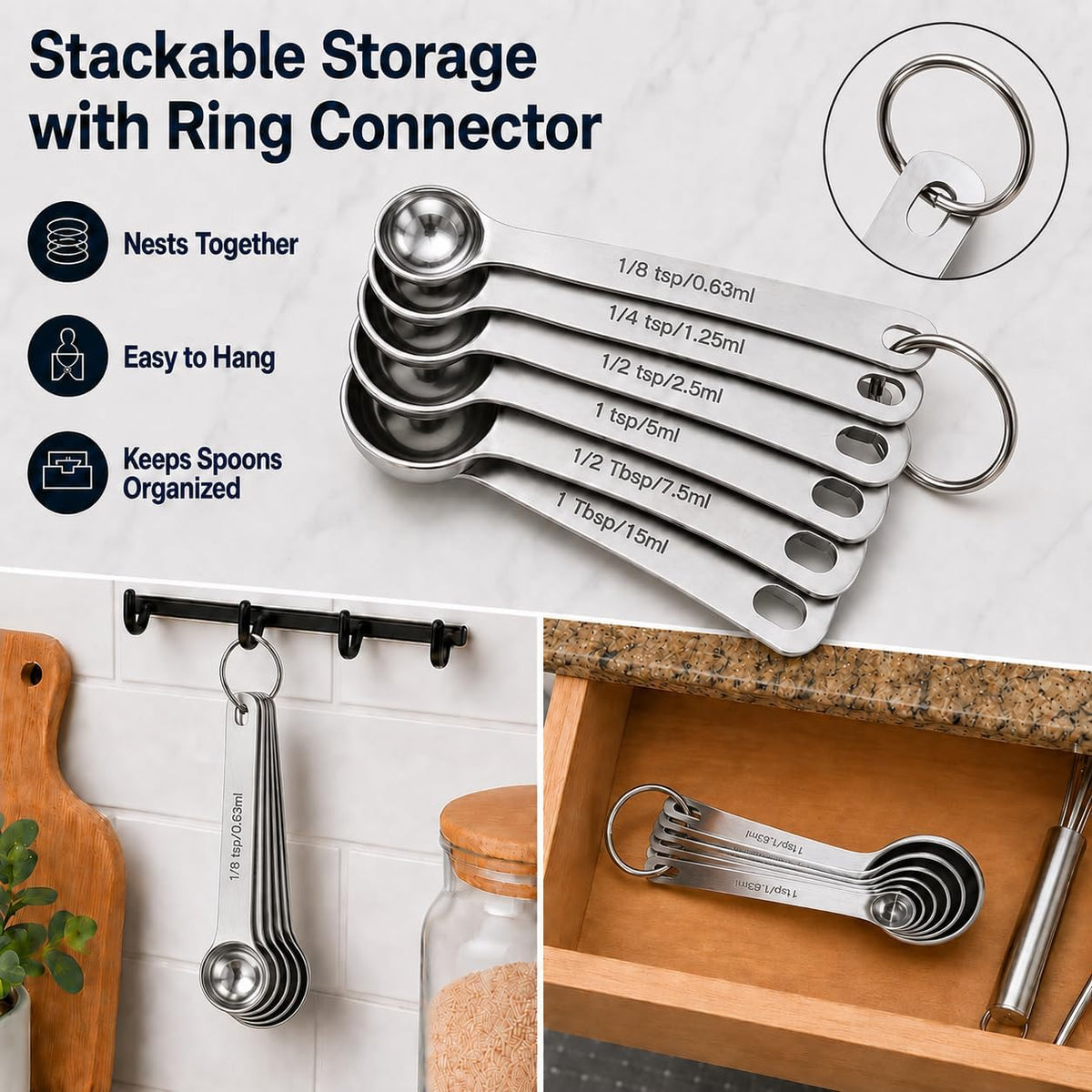 Stainless Steel Measuring Spoons Set of 6, Metal Measuring Spoons with Engraved US & Metric Measurements, Stackable with Ring Connector, Dishwasher Safe for Baking & Cooking