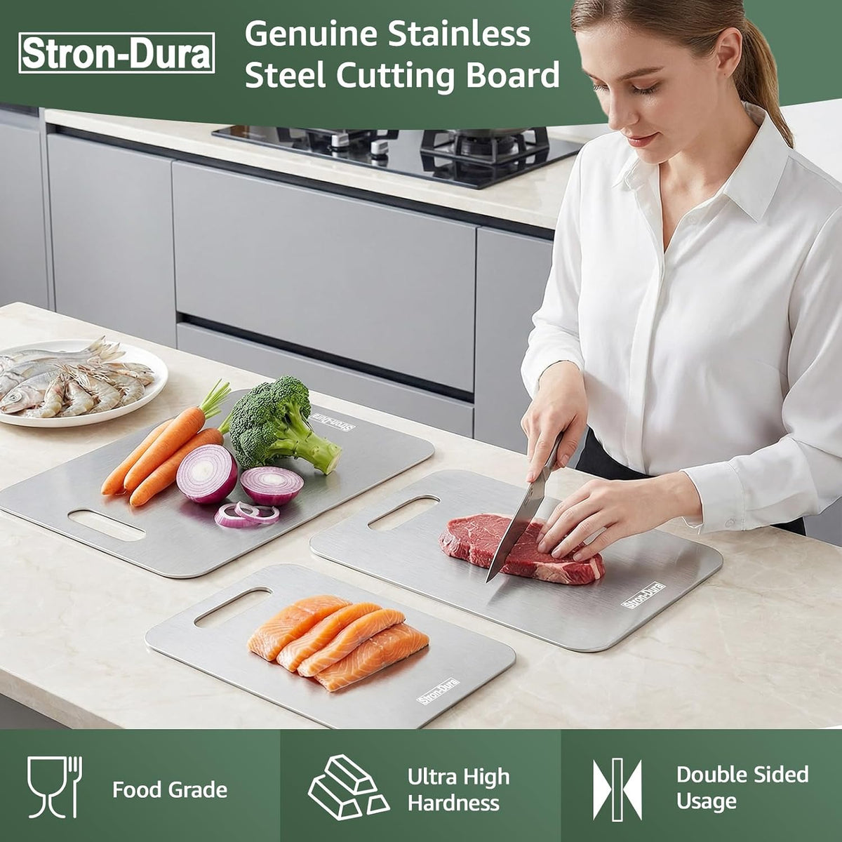 Stron-Dura Cutting Board, Stainless Steel Cutting Board, Foodgrade Cutting Boards for Kitchen, Double Side Use, Odor free, M, 13.4" * 9"