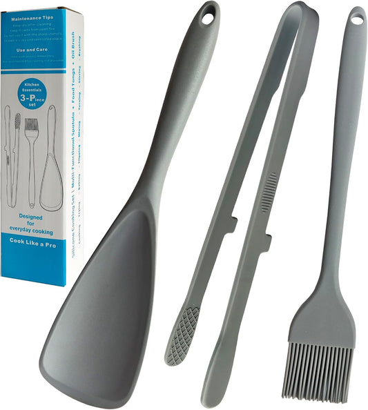 Silicone Spatula Tongs and Basting Brush Set, 3-Piece 11.4 Inch Heat Resistant Kitchen Utensils, Dishwasher Safe, Non-Scratch for Cooking, Baking, Serving, Gray