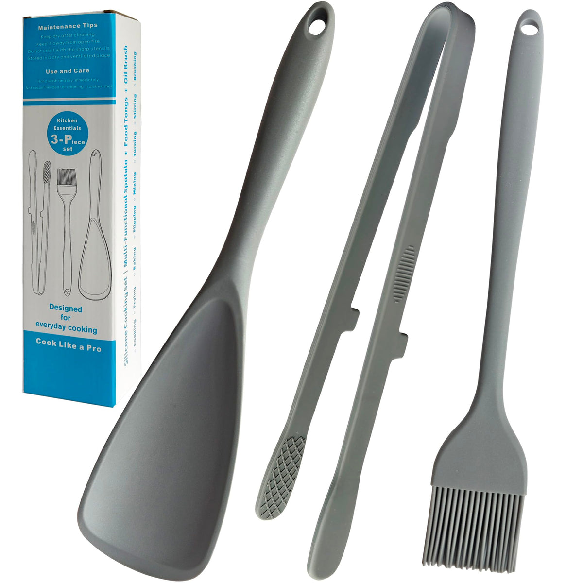 Silicone Spatula Tongs and Basting Brush Set, 3-Piece 11.4 Inch Heat Resistant Kitchen Utensils, Dishwasher Safe, Non-Scratch for Cooking, Baking, Serving, Gray