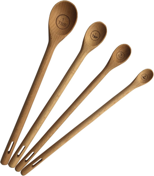 Long Handle Wooden Measuring Spoons by utensi, Set of 4 Engraved Accurate Spoons for Dry and Liquid Ingredients, Beech Wood Set (9-inch handles)