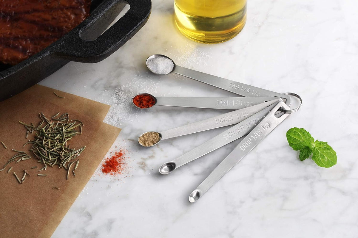 New Star Foodservice 42924 Stainless Steel Mini Measuring Spoons Set, 5-Piece Small Metal Measuring Spoon Set for Spices, Baking, Cooking, Dash, Pinch, Smidgen, Drop, Tad, Silver