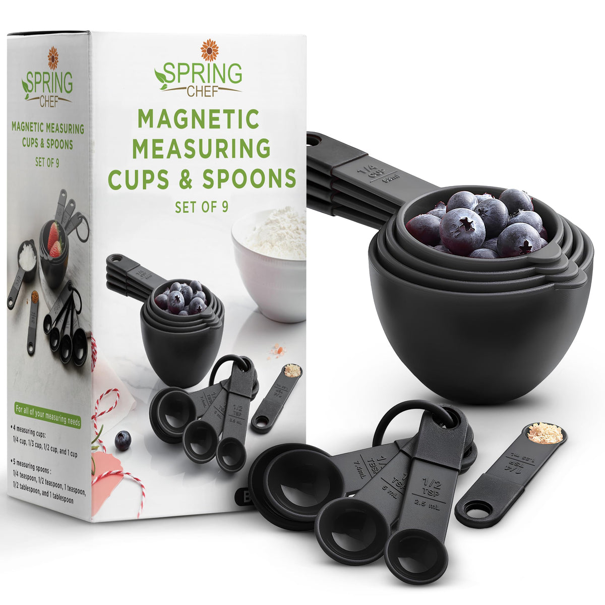 Spring Chef Black Magnetic Measuring Cups & Spoons - 9 pcs - Nesting Design