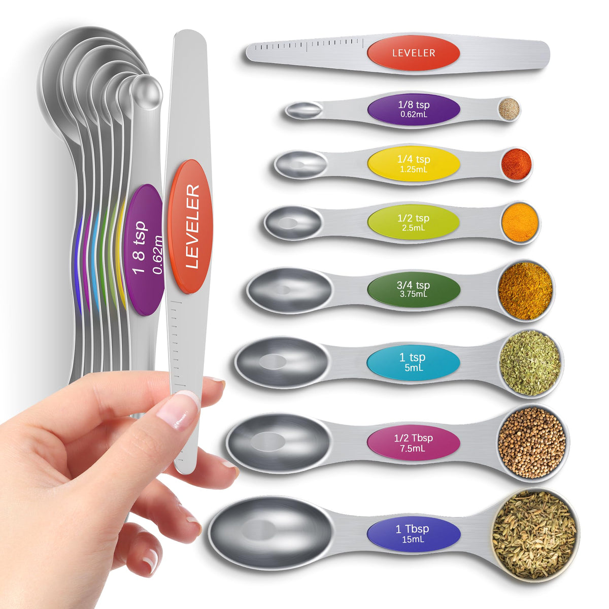Premium Magnetic Measuring Spoons Set|Strong N52 Magnets|Heavy Duty Stainless Steel|Dual-Sided for Spice Jar & Liquid Measuring|Dishwasher Safe|7 Spoons with Leveler for Baking & Cooking (Colorful)
